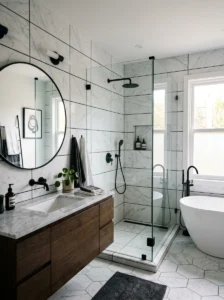 Marble bathroom tiles with black grout detailing