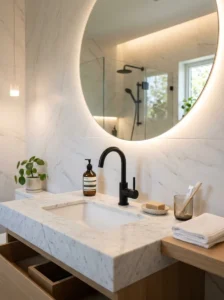 Matte black faucet paired with white marble vanity in modern premium bathroom