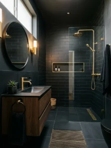 Gold fixtures on matte black bathroom