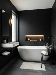 Matte black bathroom walls paired with white fixtures for a clean modern contrast