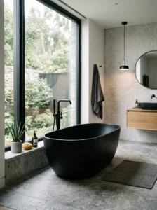 Matte black freestanding bathtub in a sleek luxury bathroom