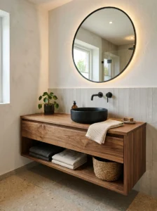 Matte black vessel sink paired with a warm wood vanity in modern bathroom