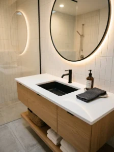 Black sink creating a bold statement in modern bathroom decor