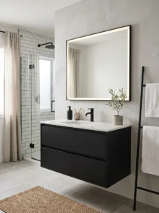 Matte black vanity with white countertop bathroom design