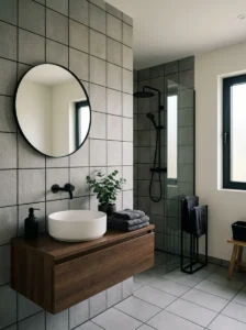 Matte tile bathroom with black grout contrast