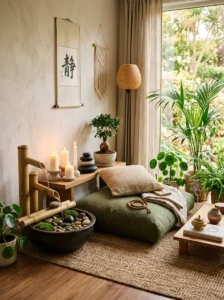 Bamboo water fountain inside a peaceful meditation room