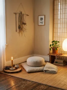 Minimal bamboo meditation corner with cozy decor