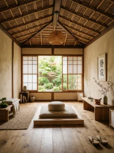 Bamboo ceiling details inside a Zen meditation room