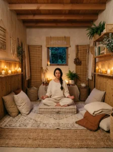Cozy bamboo meditation room with candles and soft lighting