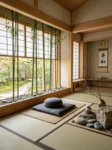 Indoor bamboo plants and stone decor in a Zen meditation room