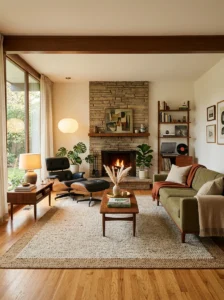 Mid-century modern living room with walnut furniture and timeless modern interior design.