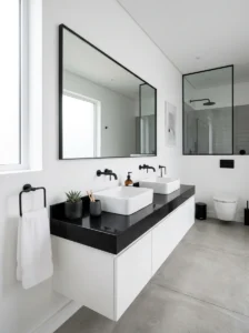 Minimal bathroom with black countertop focal point