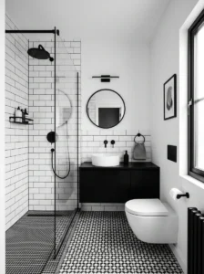 Minimal black and white small bathroom design