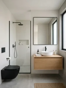 Thin black bathroom fixtures creating a sleek minimalist look