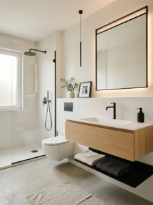 Thin black bathroom fixtures creating a sleek minimalist look