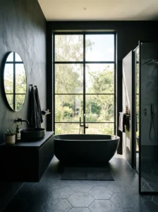 Minimal black bathroom brightened by natural light and clean styling