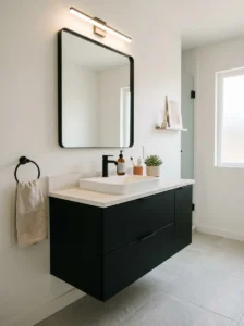 Black bathroom vanity with minimal decor for a clean modern look