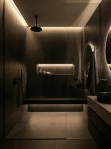 Minimal black shower enhanced with hidden LED lighting effects