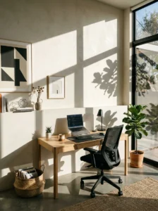 Minimal office with oversized natural shadows creating abstract visual depth