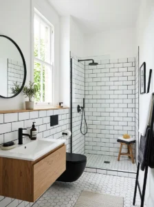 Minimal white bathroom with black grout tile pattern