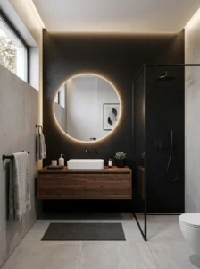 Modern black bathroom wall with LED lighting and sleek decor