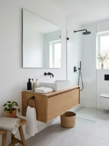 Minimalist bathroom featuring matte black hardware and clean decor