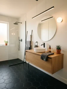 Minimalist bathroom featuring black hexagon floor tiles