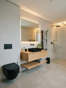 Minimalist bathroom featuring a sleek black toilet