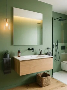 Minimalist green and black bathroom with modern fixtures