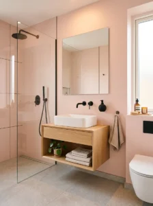 Minimalist pink and black bathroom with modern fixtures