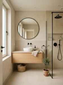 Minimalist beige and black bathroom with floating vanity