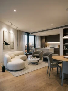 Contemporary minimalist interior with sleek furniture and flexible modern styling.