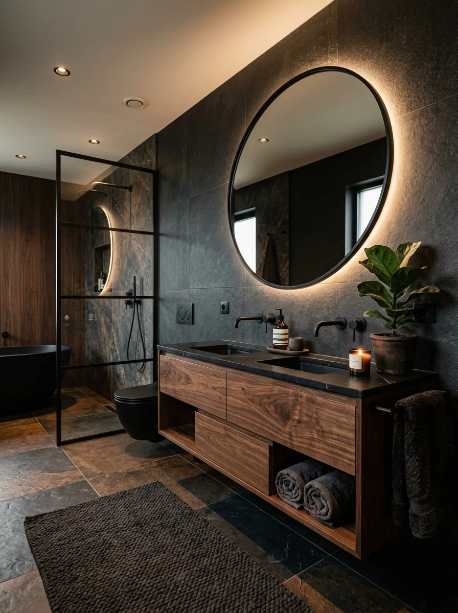 Black and brown bathroom with dark wood vanity and matte black fixtures cozy modern design