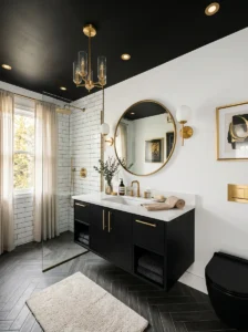 Bathroom with dramatic black ceiling and gold accents