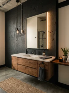 Black concrete accent wall in an industrial-style bathroom
