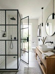 Black framed shower with white tiles in a small bathroom