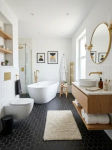 Black hexagon bathroom floor tiles with white walls and gold accents