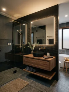 Black mosaic tiles in a stylish modern bathroom