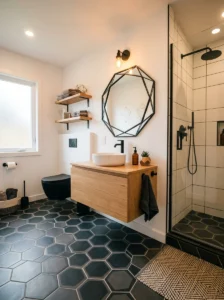 Hexagon floor tile design in a modern bathroom