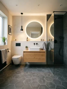 Hexagon bathroom floor tile design in a modern space