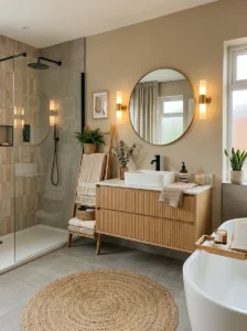Matte finish bathroom floor tiles in a warm modern space