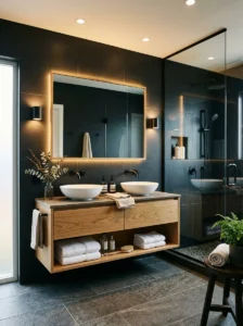 Matte black bathroom tiles with warm modern decor