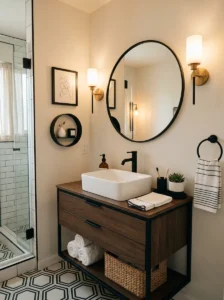 Black framed mirror above sink in a small bathroom