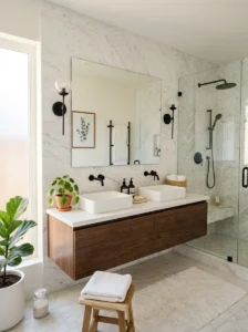 White marble bathroom walls with matte black fixtures
