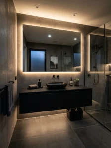 Black bathroom fixtures highlighted by warm hidden LED lighting
