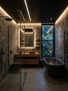 Black bathroom ceiling with warm ambient lighting creating cozy depth