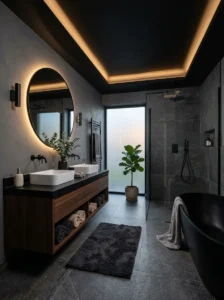 Black ceiling in a soft grey modern bathroom