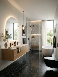Black terrazzo bathroom flooring with modern minimalist decor