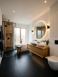 Black bathroom floor tiles in a sleek modern interior