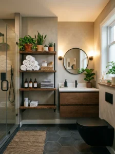 Black toilet with open shelving and cozy bathroom decor